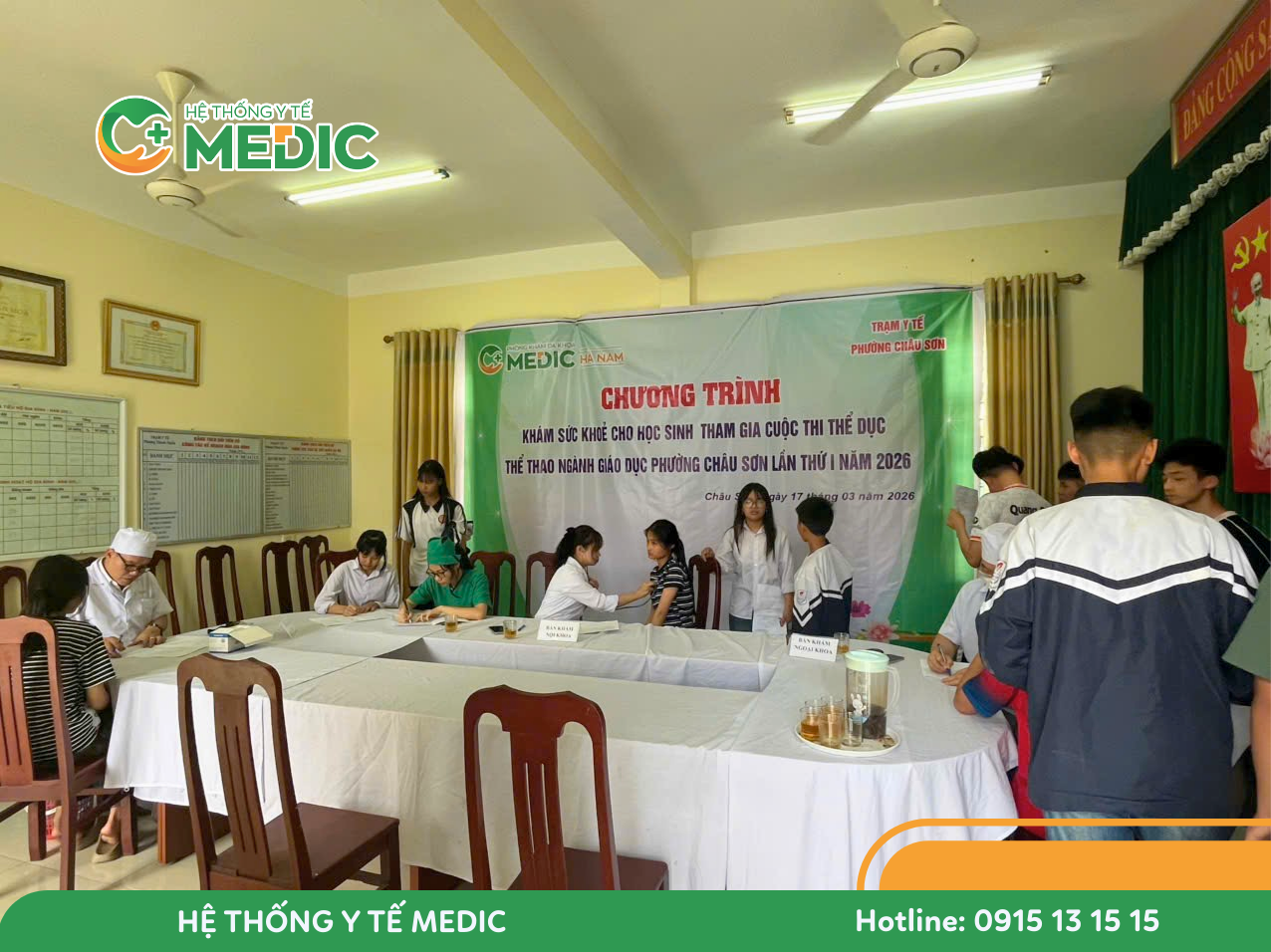 Đội ngũ y bác sĩ Phòng khám Đa khoa Medic Hà Nam thực hiện khám sức khỏe học sinh trước giải thể thao Phường Châu Sơn
